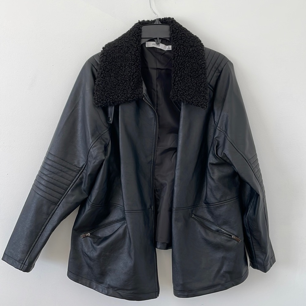 Ladies Black Faux leather jacket with wool collar